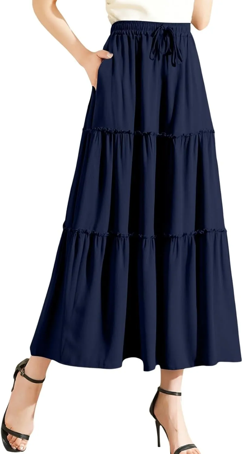 Womens Summer Boho Flowy Swing Tiered Maxi Skirt with Pocket 2025 Fashion Elastic Waist Pleated Long Beach Outfits