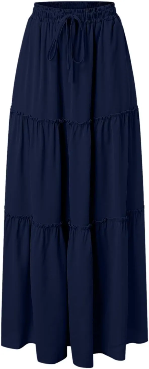 Womens Summer Boho Flowy Swing Tiered Maxi Skirt with Pocket 2025 Fashion Elastic Waist Pleated Long Beach Outfits