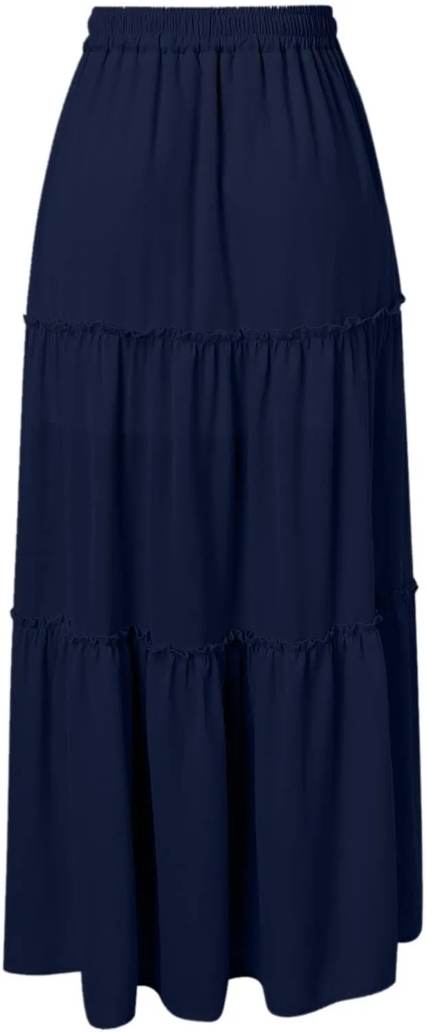 Womens Summer Boho Flowy Swing Tiered Maxi Skirt with Pocket 2025 Fashion Elastic Waist Pleated Long Beach Outfits