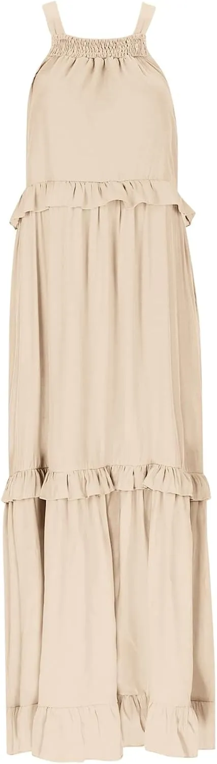 Womens Summer Boho Halter Maxi Dresses 2024 Casual Sleeveless Pleated Tiered Flowy Beach Vacation Long Dress