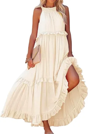 Womens Summer Boho Halter Maxi Dresses 2024 Casual Sleeveless Pleated Tiered Flowy Beach Vacation Long Dress