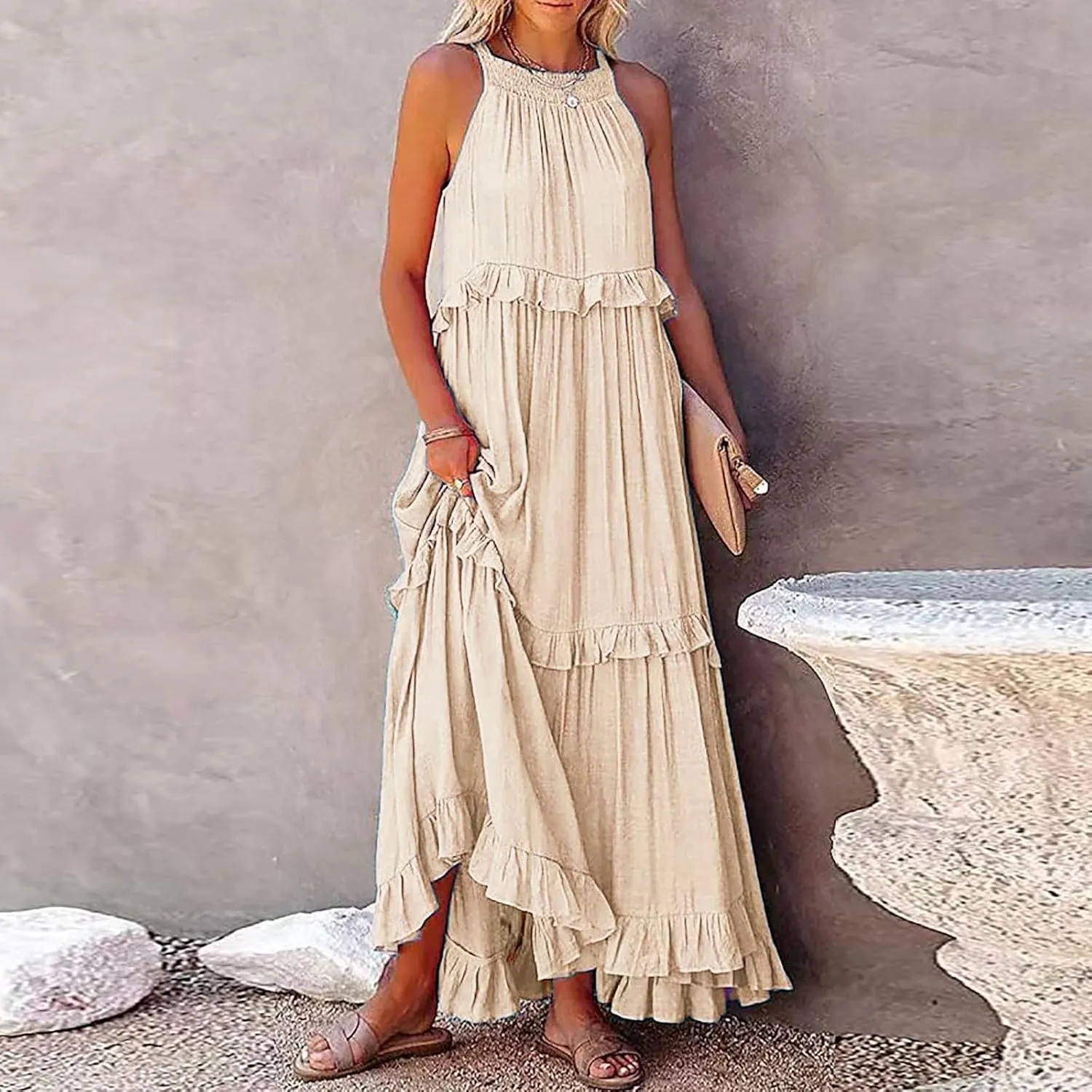 Womens Summer Boho Halter Maxi Dresses 2024 Casual Sleeveless Pleated Tiered Flowy Beach Vacation Long Dress