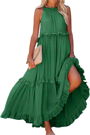 Womens Summer Boho Halter Maxi Dresses 2024 Casual Sleeveless Pleated Tiered Flowy Beach Vacation Long Dress