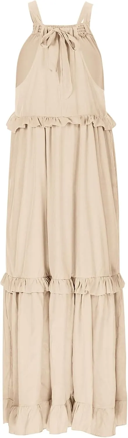 Womens Summer Boho Halter Maxi Dresses 2024 Casual Sleeveless Pleated Tiered Flowy Beach Vacation Long Dress