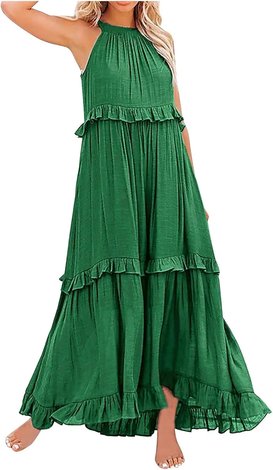 Womens Summer Boho Halter Maxi Dresses 2024 Casual Sleeveless Pleated Tiered Flowy Beach Vacation Long Dress