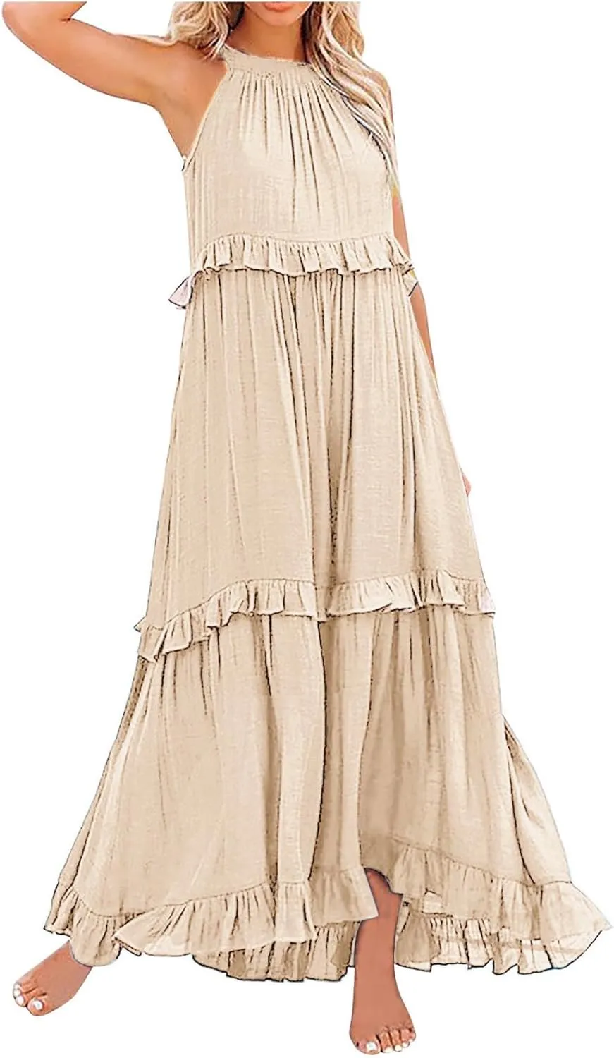 Womens Summer Boho Halter Maxi Dresses 2024 Casual Sleeveless Pleated Tiered Flowy Beach Vacation Long Dress