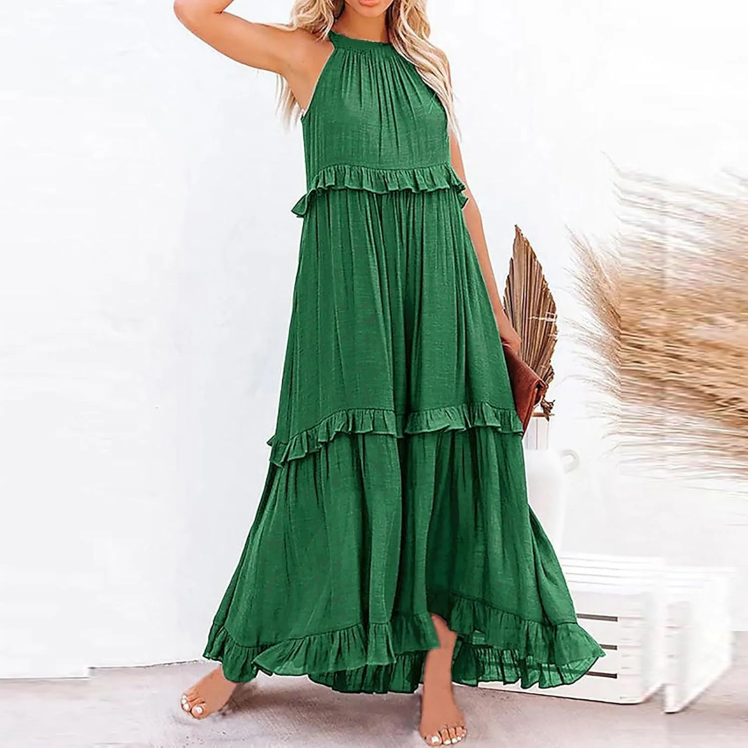 Womens Summer Boho Halter Maxi Dresses 2024 Casual Sleeveless Pleated Tiered Flowy Beach Vacation Long Dress