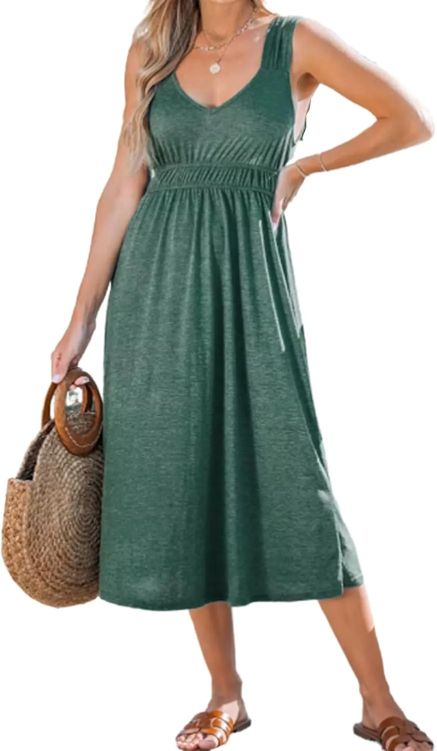 Women's Summer Casual Knit Ruched Midi Dress Crew Neck Short Sleeve High Slit Bodycon Dress
