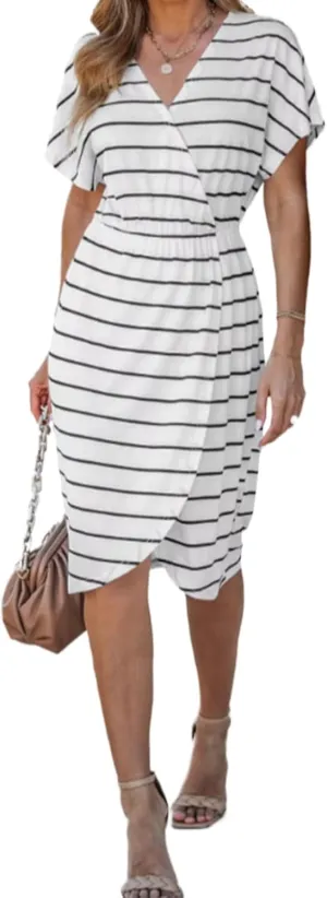Women's Summer Casual Knit Ruched Midi Dress Crew Neck Short Sleeve High Slit Bodycon Dress