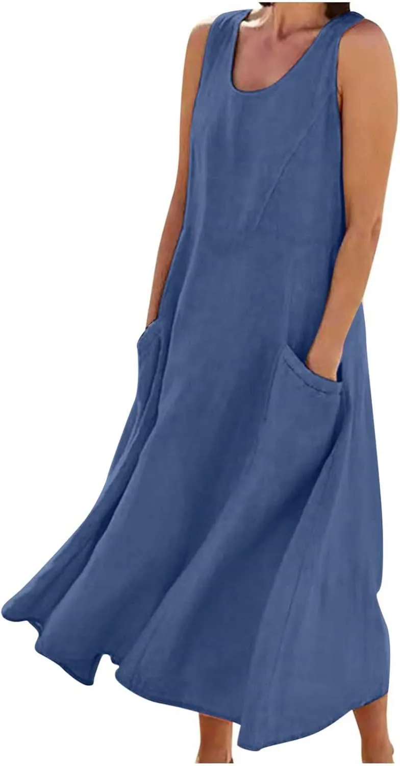 Womens Summer Cotton Linen Dresses 2025 Plus Size Travel Maxi Dresses with Pockets Vacation Wear Casual Spring Dress