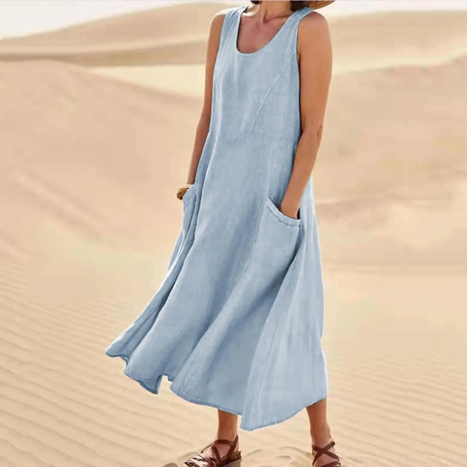 Womens Summer Cotton Linen Dresses 2025 Plus Size Travel Maxi Dresses with Pockets Vacation Wear Casual Spring Dress