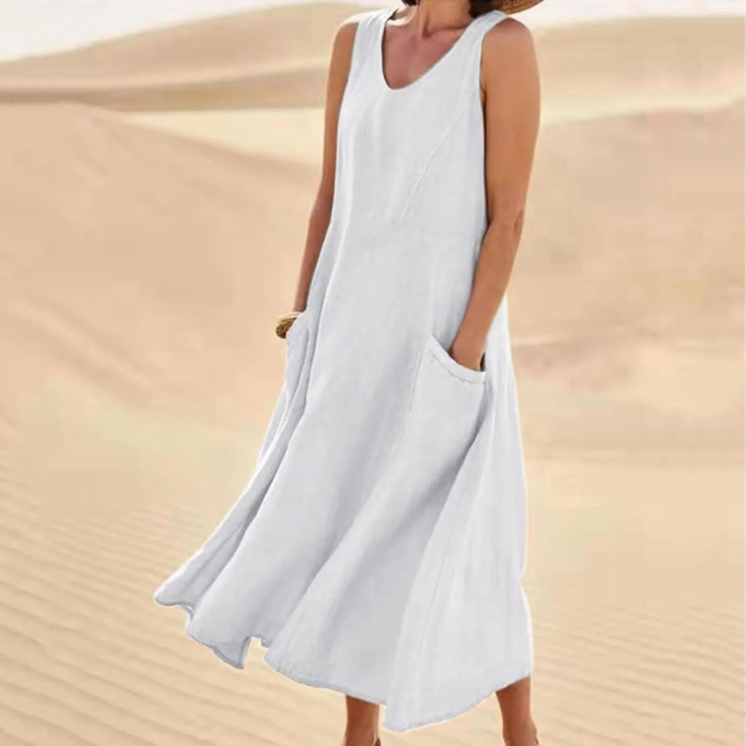Womens Summer Cotton Linen Dresses 2025 Plus Size Travel Maxi Dresses with Pockets Vacation Wear Casual Spring Dress