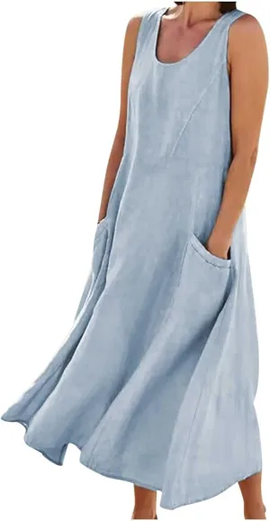 Womens Summer Cotton Linen Dresses 2025 Plus Size Travel Maxi Dresses with Pockets Vacation Wear Casual Spring Dress
