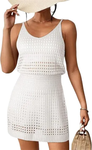 Womens Summer Crochet Hollow Out Knit Beach Bathing Suit Swim Cover Ups Sleeveless Tank Cruise Outfits Vacation Dress
