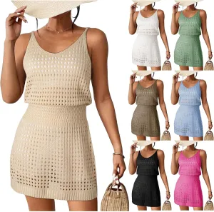 Womens Summer Crochet Hollow Out Knit Beach Bathing Suit Swim Cover Ups Sleeveless Tank Cruise Outfits Vacation Dress