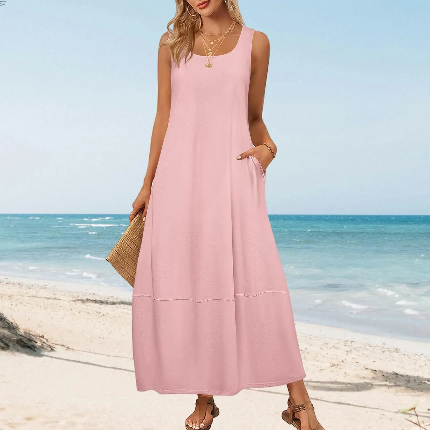 Womens Summer Dress Square Neck Pleated Swing Casual Maxi Dresses Sexy Sleeveless Long Dress Beach Party Dresses 2025