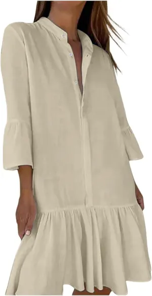 Women's Summer Dresses 2025 Button up Long Sleeve Mini T Shirt Dress Lapel Collar Pleated Flared Short Dresses