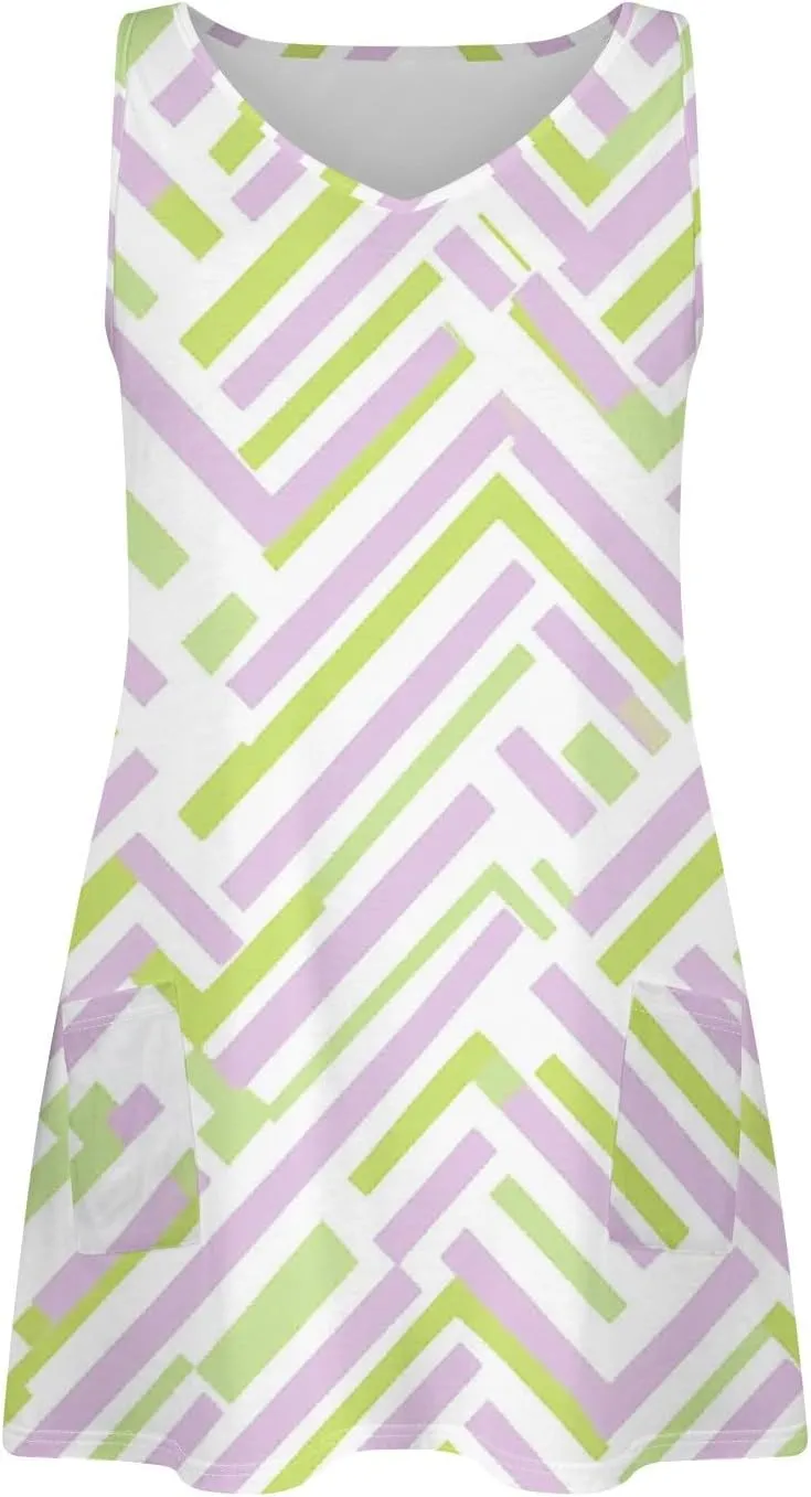 Womens Summer Dresses 2025 V Neck Sundress Sleeveless Beach Dress with Pocket Casual Printed Swimsuit Coverup