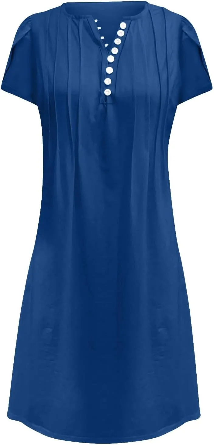 Womens Summer Dresses Pleated Front Button Round Neck Short Sleeve Casual Loose Beach Vacation Mini Dress