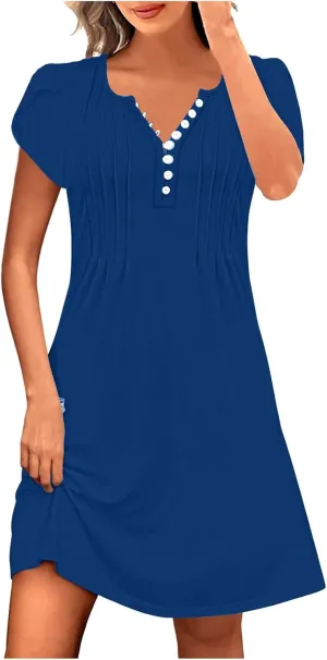 Womens Summer Dresses Pleated Front Button Round Neck Short Sleeve Casual Loose Beach Vacation Mini Dress