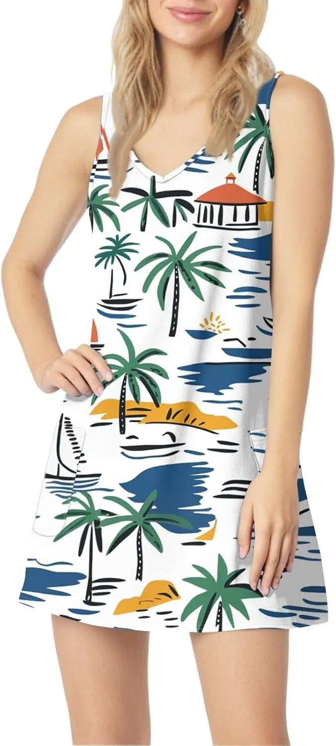 Women's Summer Dresses V Neck 2025 Sundress Sleeveless Vacation Swimsuit Coverup Beach Casual Dress with Pocket
