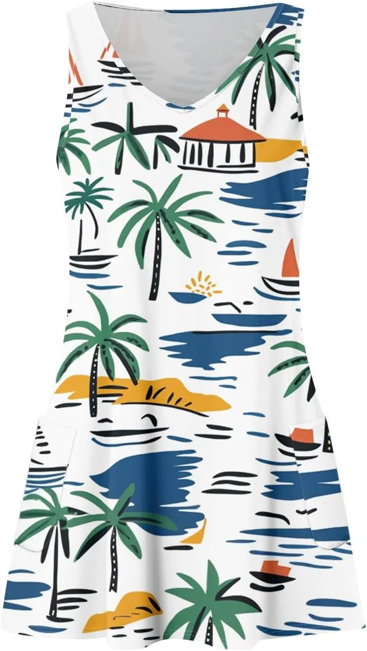 Women's Summer Dresses V Neck 2025 Sundress Sleeveless Vacation Swimsuit Coverup Beach Casual Dress with Pocket