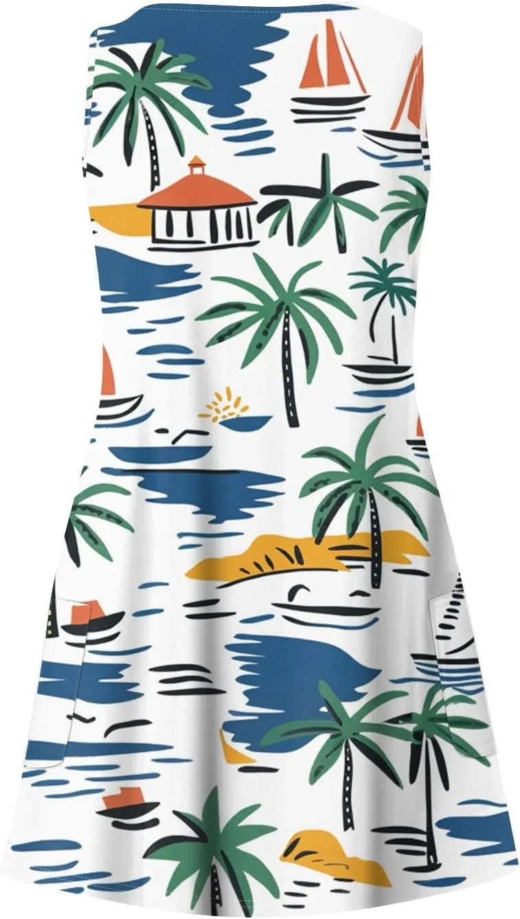 Women's Summer Dresses V Neck 2025 Sundress Sleeveless Vacation Swimsuit Coverup Beach Casual Dress with Pocket