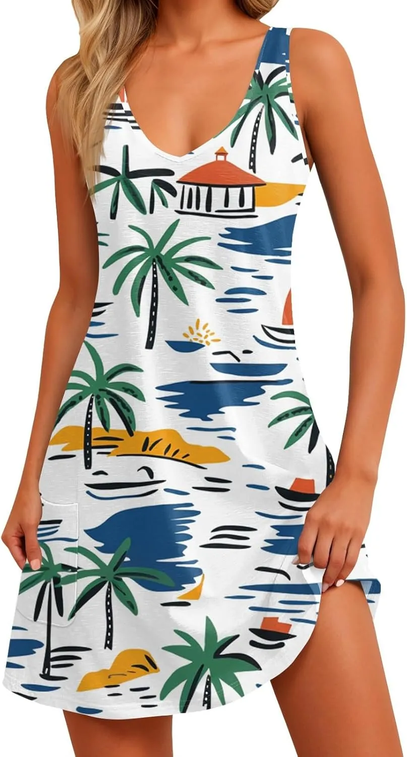 Women's Summer Dresses V Neck 2025 Sundress Sleeveless Vacation Swimsuit Coverup Beach Casual Dress with Pocket