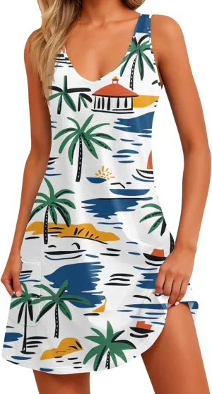 Women's Summer Dresses V Neck 2025 Sundress Sleeveless Vacation Swimsuit Coverup Beach Casual Dress with Pocket