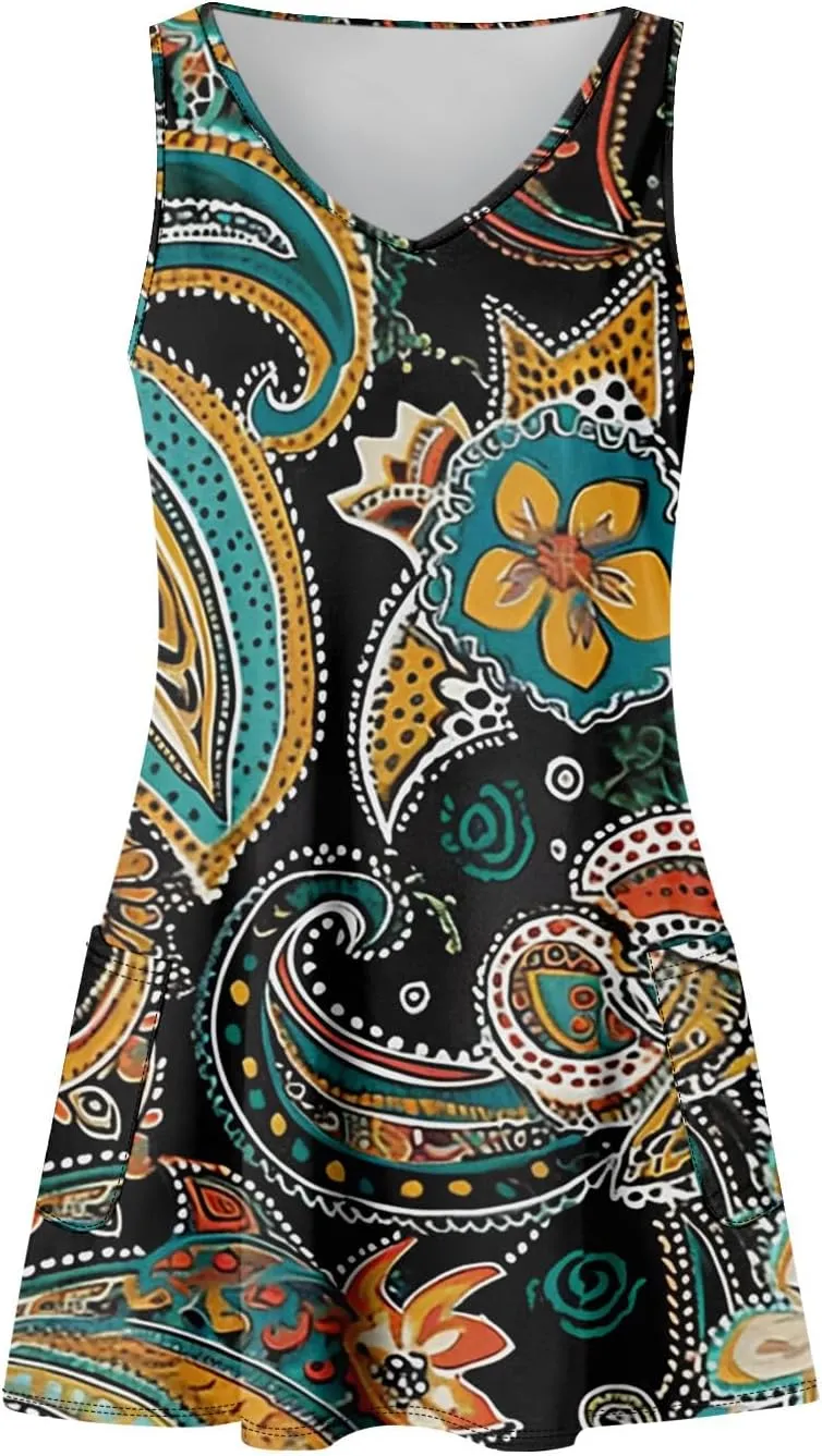 Women's Summer Dresses Vacation Printed Dress with Pocket 2025 V Neck Sundress Casual Sleeveless Swimsuit Coverup