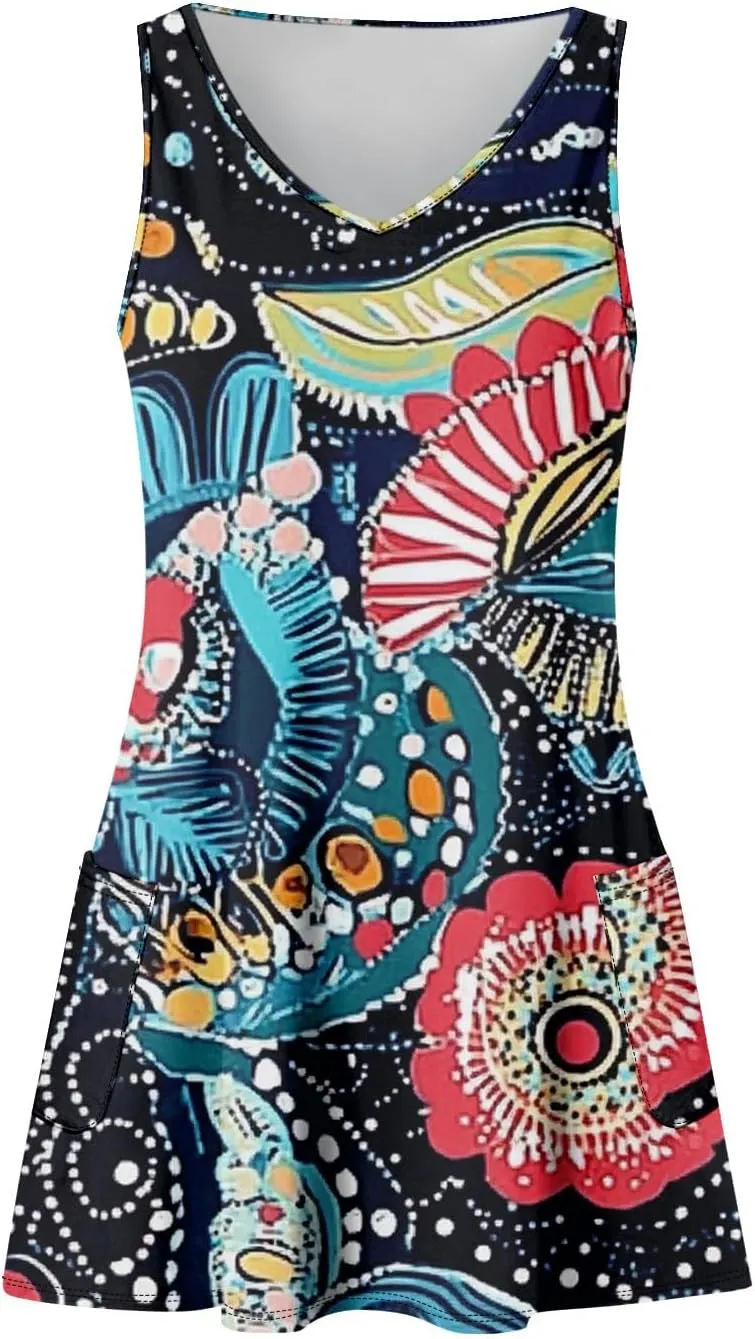 Womens Summer Dresses Vacation Printed Sundress Casual 2025 Swimsuit Coverup Sleeveless V Neck Dress with Pocket
