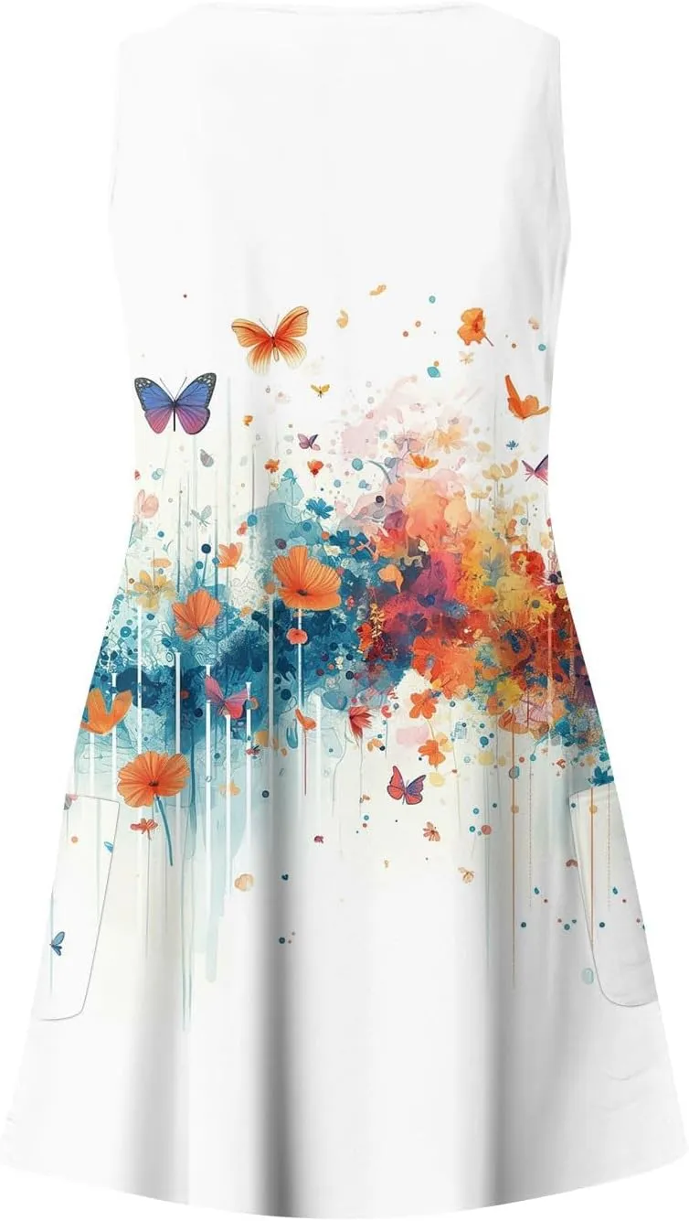 Womens Summer Dresses Vacation Printed Sundress Casual 2025 Swimsuit Coverup Sleeveless V Neck Dress with Pocket
