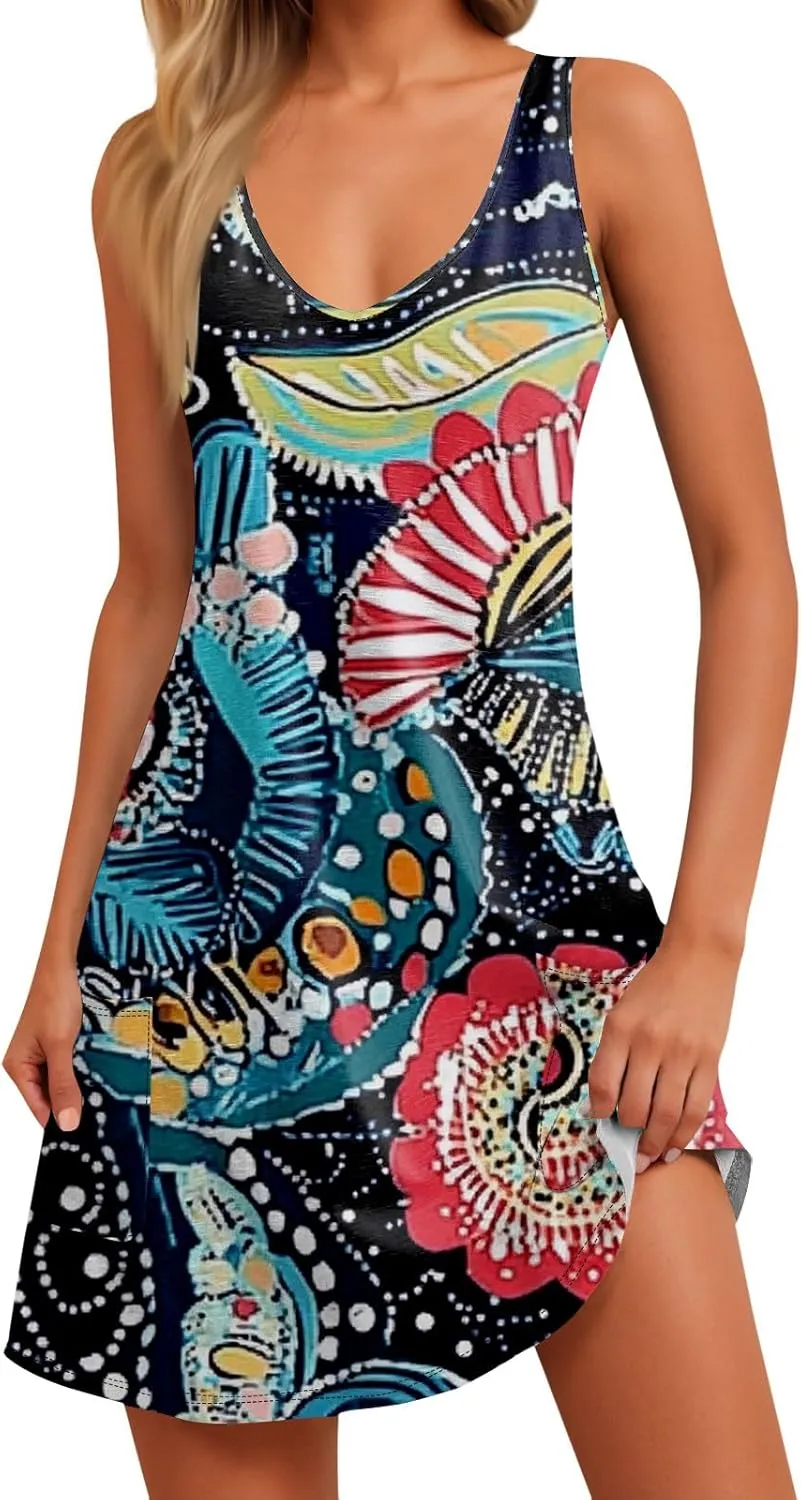 Womens Summer Dresses Vacation Printed Sundress Casual 2025 Swimsuit Coverup Sleeveless V Neck Dress with Pocket