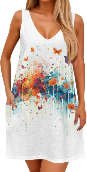 Womens Summer Dresses Vacation Printed Sundress Casual 2025 Swimsuit Coverup Sleeveless V Neck Dress with Pocket