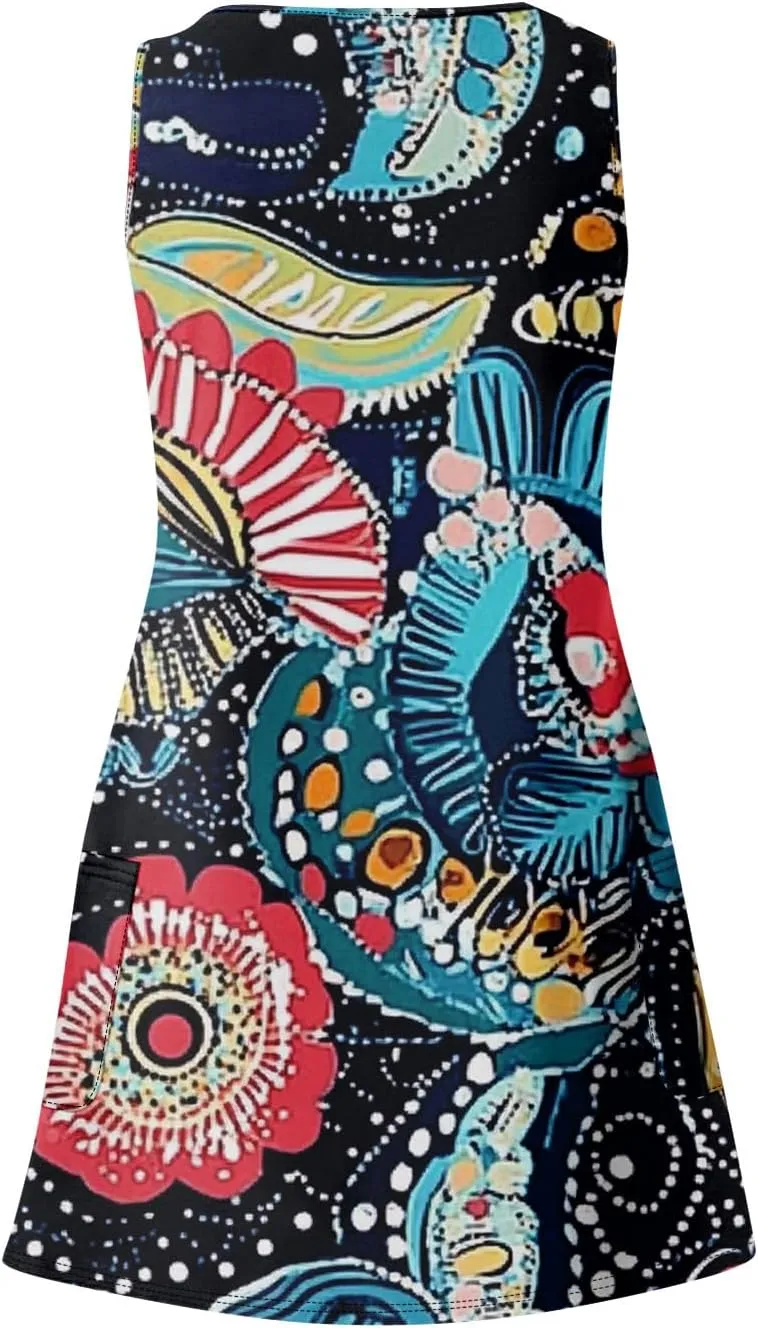 Womens Summer Dresses Vacation Printed Sundress Casual 2025 Swimsuit Coverup Sleeveless V Neck Dress with Pocket