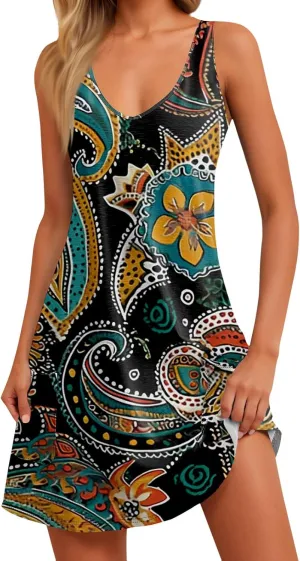Womens Summer Dresses Vacation Printed Sundress Casual 2025 Swimsuit Coverup Sleeveless V Neck Dress with Pocket