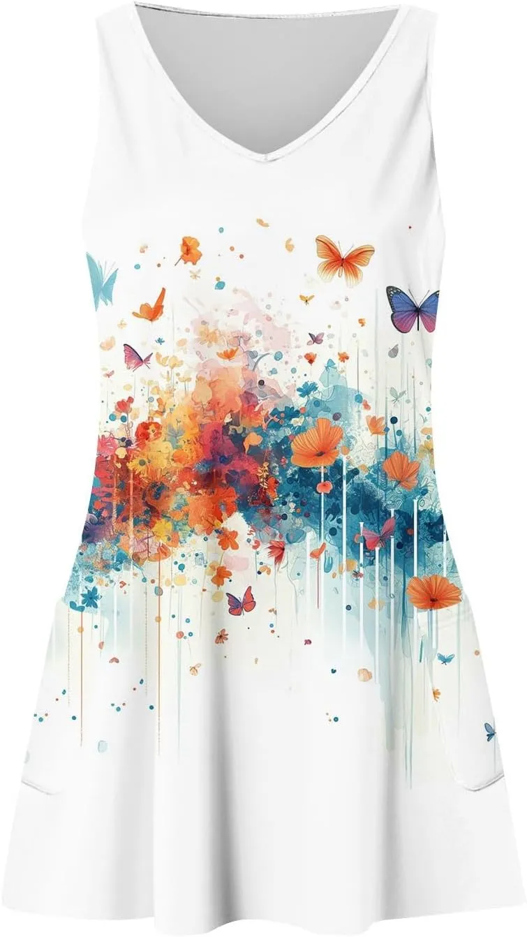 Womens Summer Dresses Vacation Printed Sundress Casual 2025 Swimsuit Coverup Sleeveless V Neck Dress with Pocket