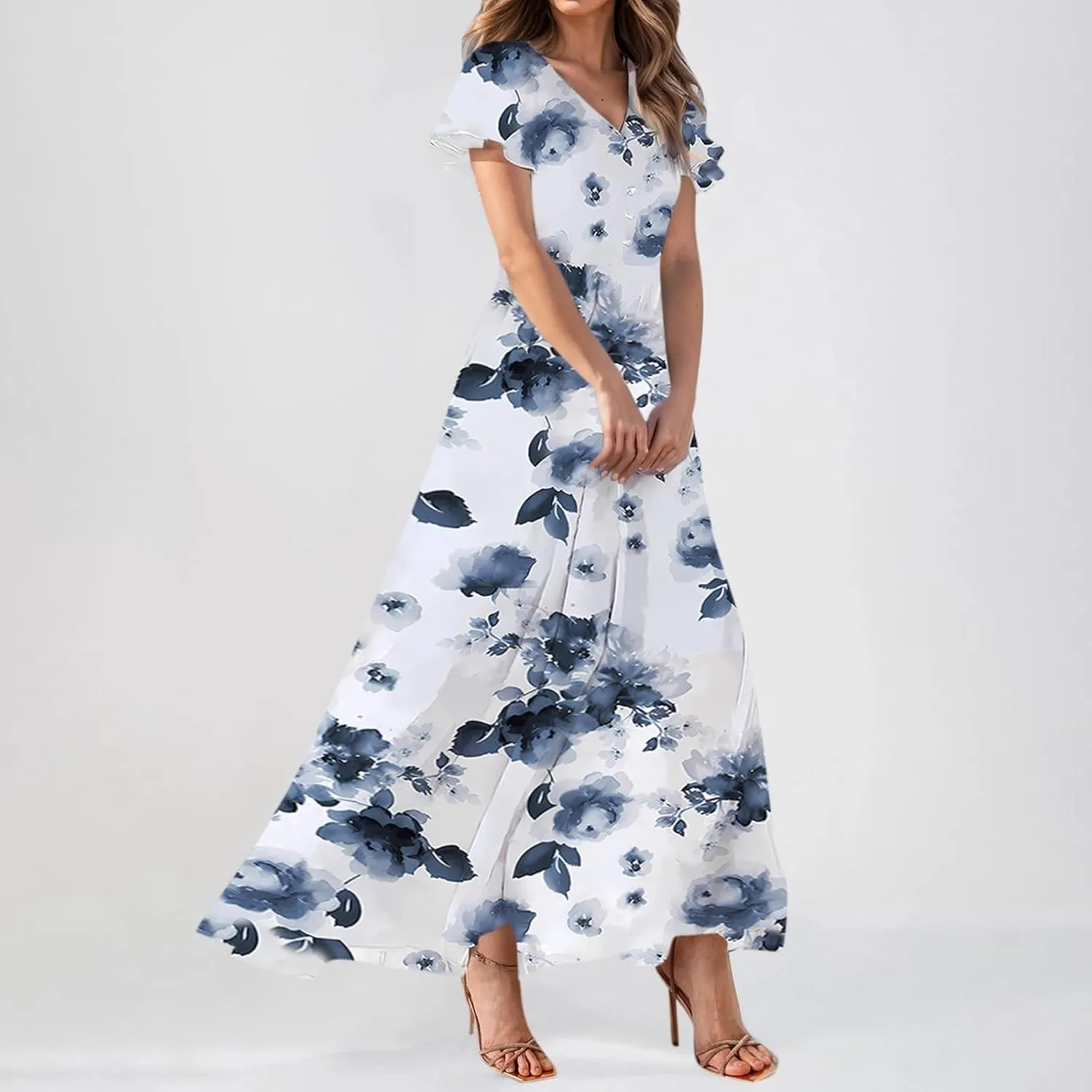 Women's Summer Long Dress Short Sleeve V-Neck Boho Floral Printed Flowy Swing Sundress Wedding Guest Loose Dresses