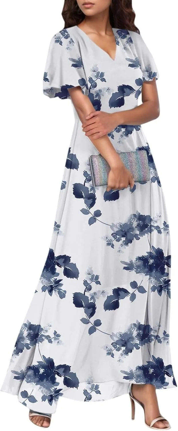 Women's Summer Long Dress Short Sleeve V-Neck Boho Floral Printed Flowy Swing Sundress Wedding Guest Loose Dresses