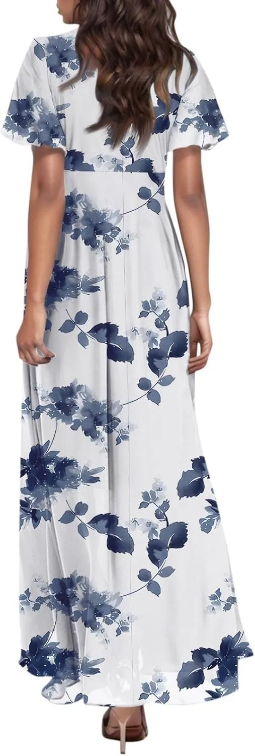 Women's Summer Long Dress Short Sleeve V-Neck Boho Floral Printed Flowy Swing Sundress Wedding Guest Loose Dresses