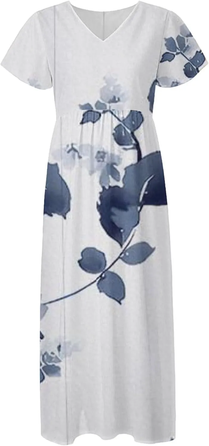 Women's Summer Long Dress Short Sleeve V-Neck Boho Floral Printed Flowy Swing Sundress Wedding Guest Loose Dresses