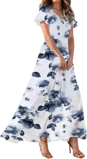Women's Summer Long Dress Short Sleeve V-Neck Boho Floral Printed Flowy Swing Sundress Wedding Guest Loose Dresses