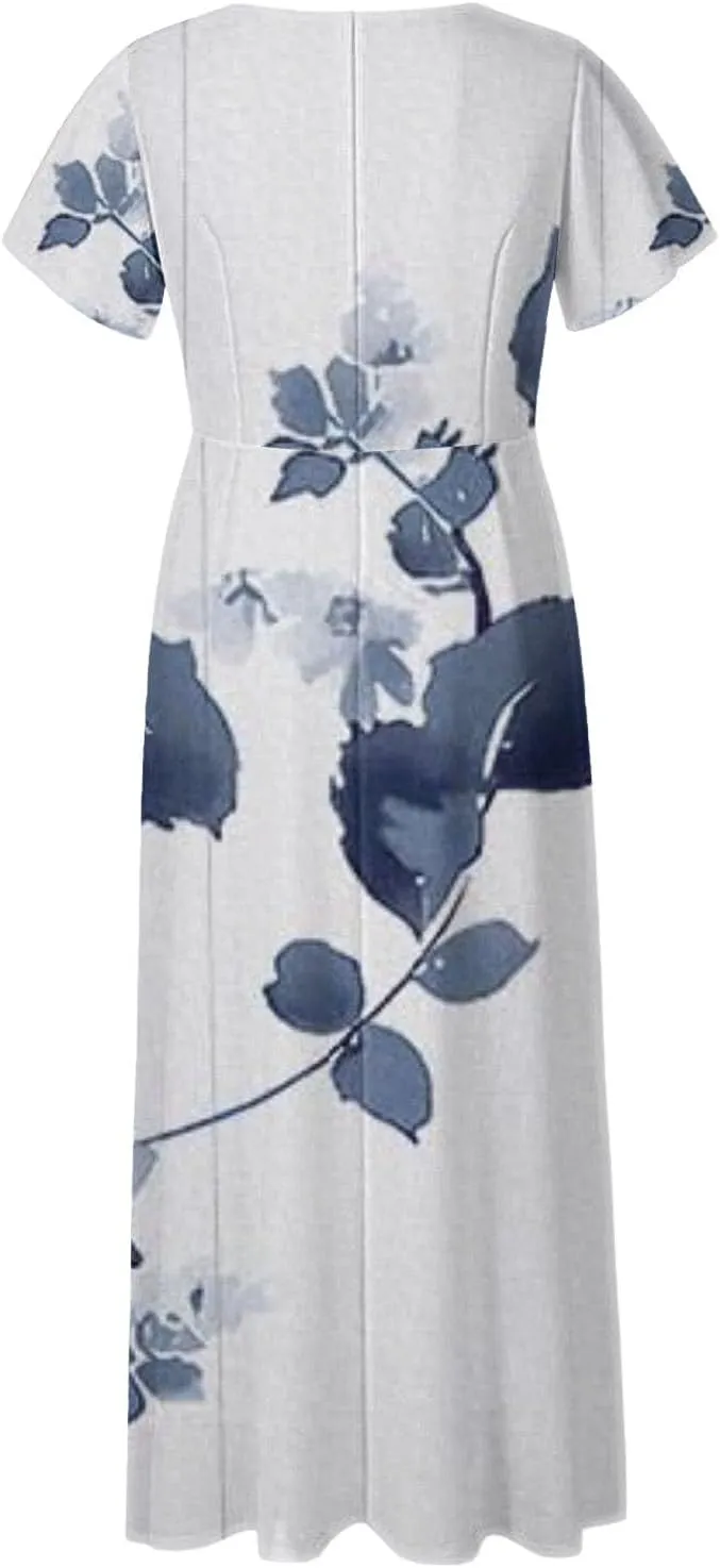 Women's Summer Long Dress Short Sleeve V-Neck Boho Floral Printed Flowy Swing Sundress Wedding Guest Loose Dresses