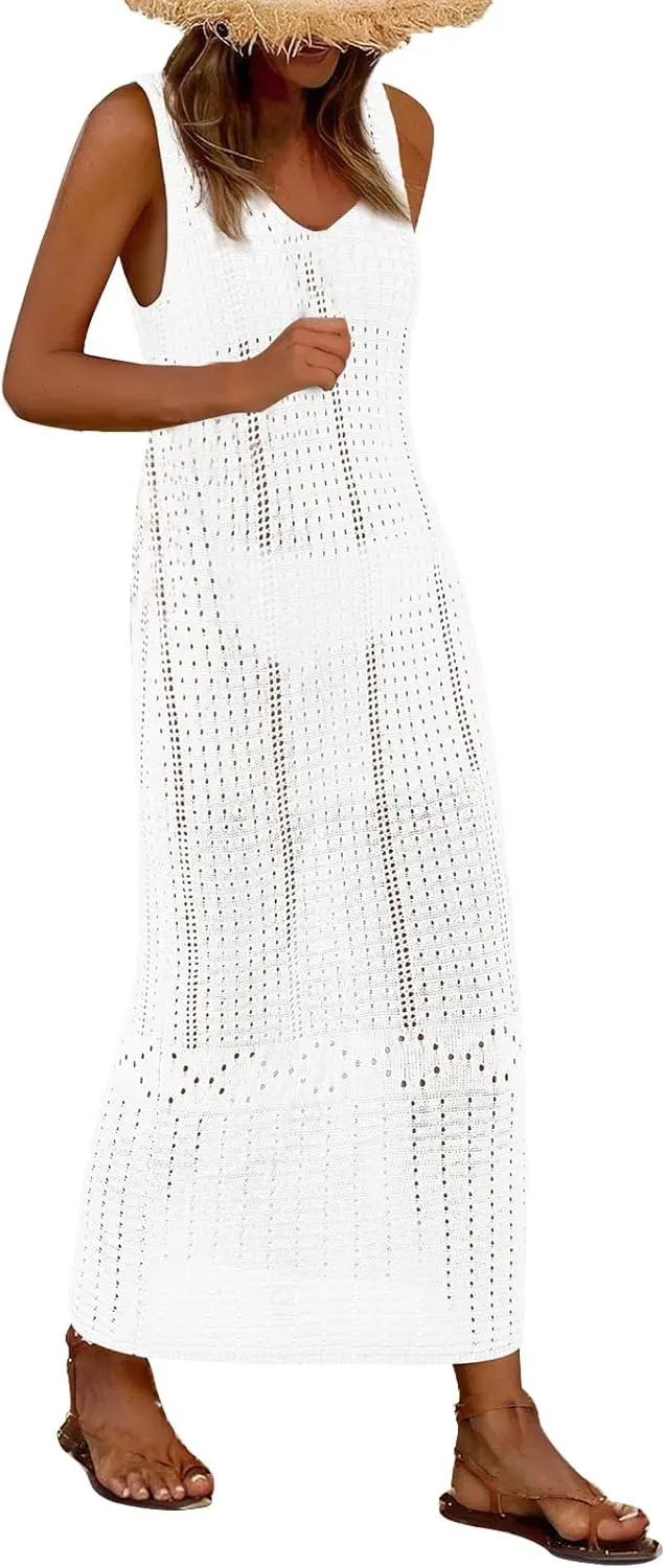 Womens Summer Maxi Dress Casual V Neck Sleeveless Hollow Out Strap Dresses Slim Fit Tunic Cover Up Beach Sundress