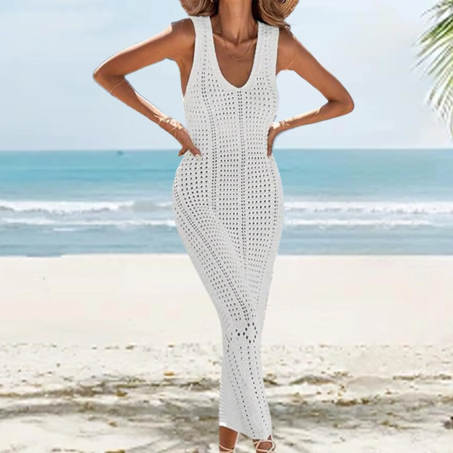 Womens Summer Maxi Dress Casual V Neck Sleeveless Hollow Out Strap Dresses Slim Fit Tunic Cover Up Beach Sundress