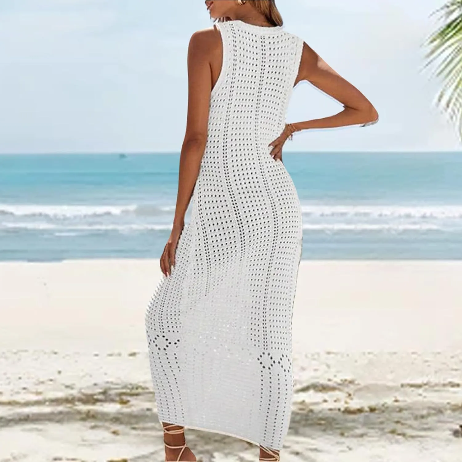 Womens Summer Maxi Dress Casual V Neck Sleeveless Hollow Out Strap Dresses Slim Fit Tunic Cover Up Beach Sundress