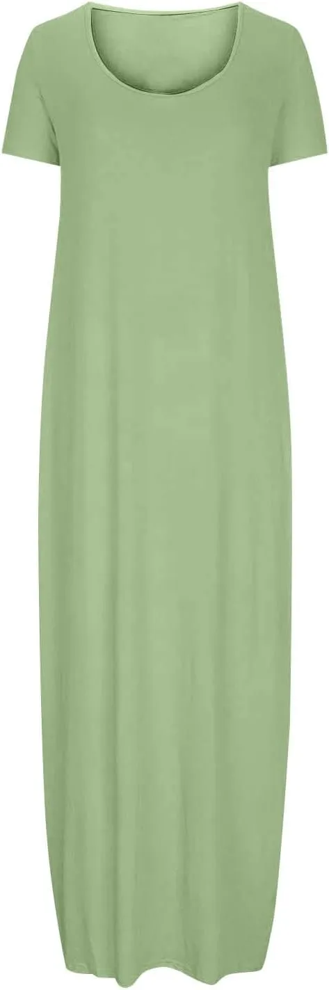 Womens Summer Maxi Dresses Fashion Solid Color Cap Sleeves Crewneck Plus Size Loose Comfy Long Beach Sundress