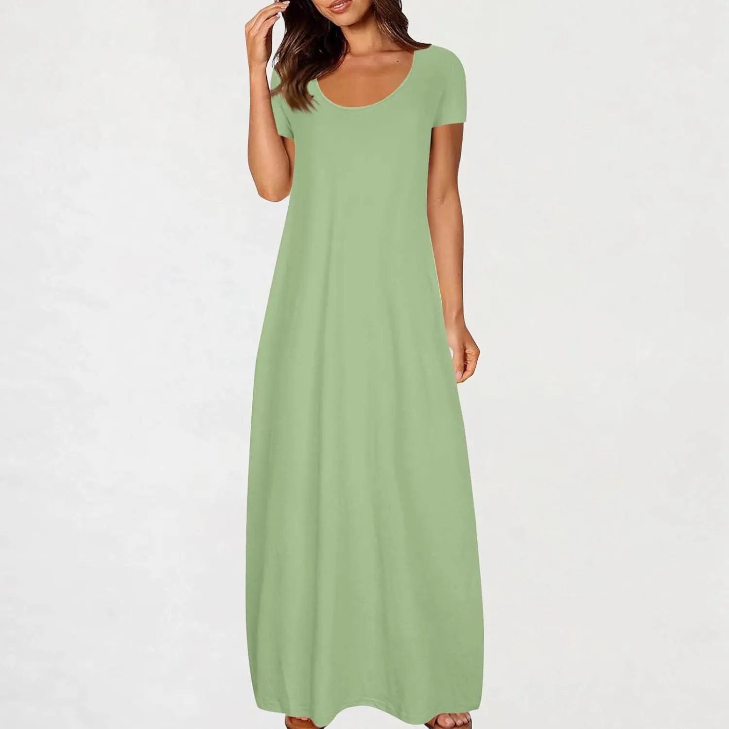 Womens Summer Maxi Dresses Fashion Solid Color Cap Sleeves Crewneck Plus Size Loose Comfy Long Beach Sundress