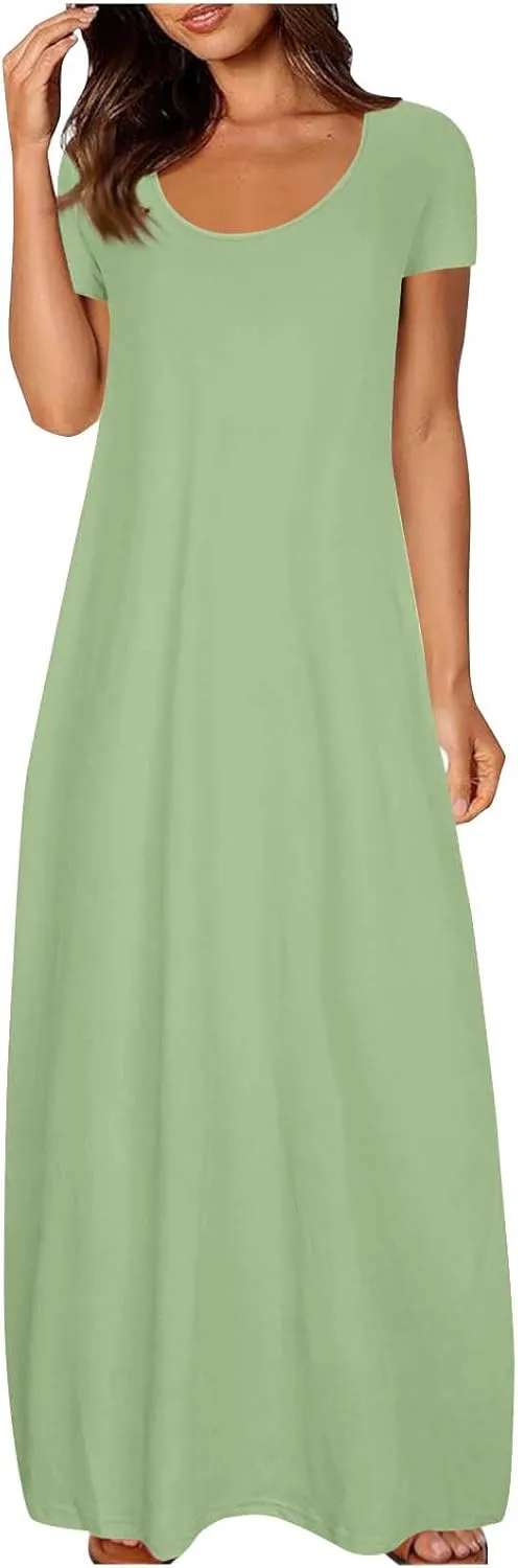 Womens Summer Maxi Dresses Fashion Solid Color Cap Sleeves Crewneck Plus Size Loose Comfy Long Beach Sundress