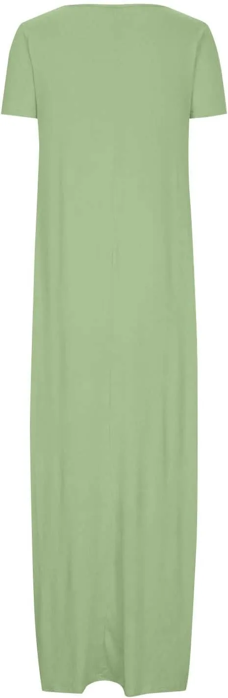Womens Summer Maxi Dresses Fashion Solid Color Cap Sleeves Crewneck Plus Size Loose Comfy Long Beach Sundress